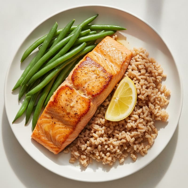 Seared Salmon with Steamed Green Beans and Brown Rice