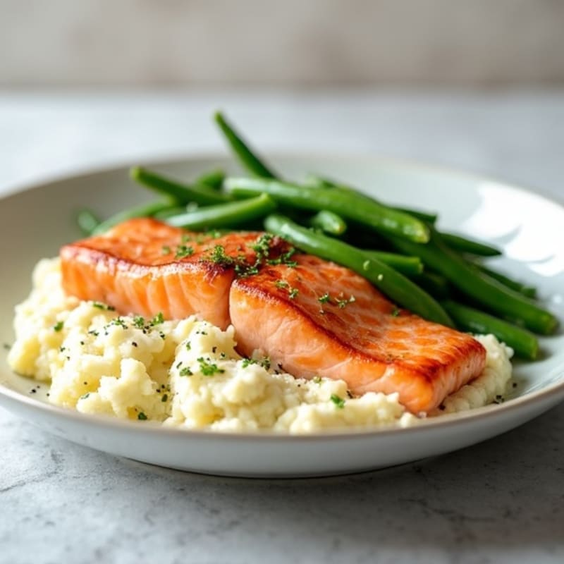 Seared Salmon with Steamed Green Beans and Cauliflower Mash