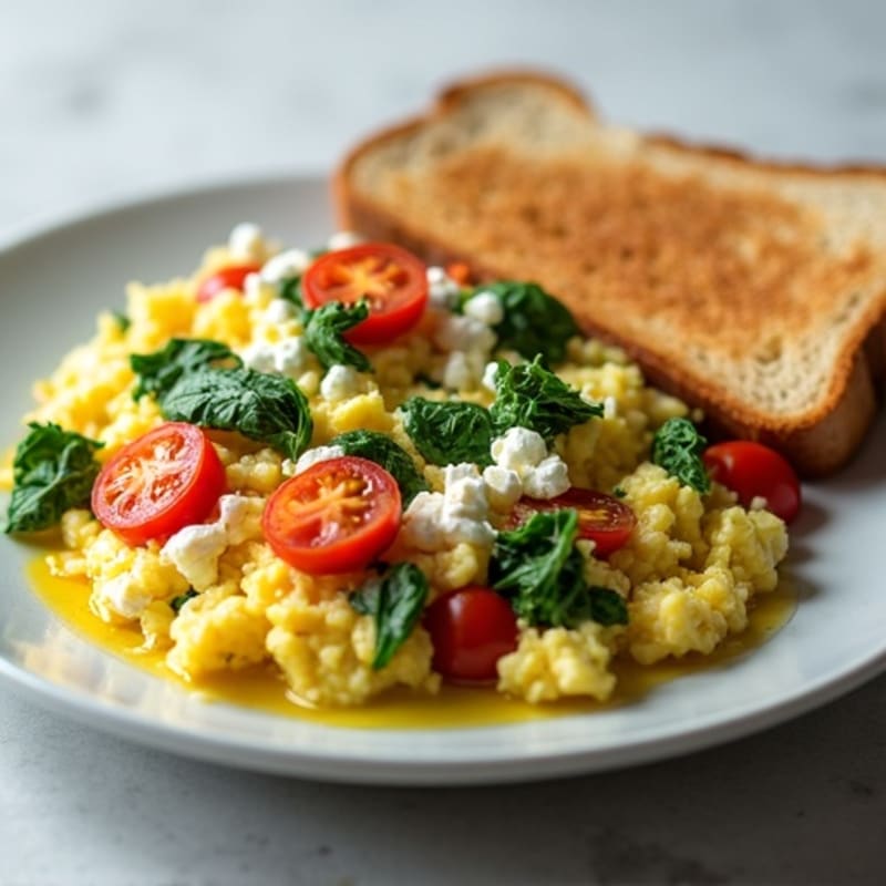 Cottage Cheese Egg White Scramble with Spinach and Cherry Tomatoes