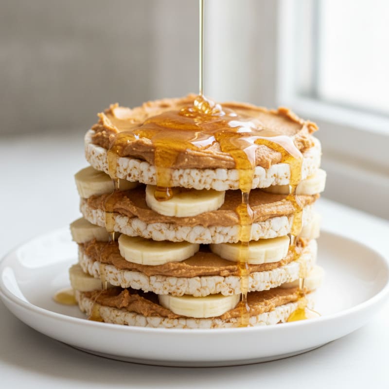 Peanut Butter Protein Powder Rice Cake Stack with Honey