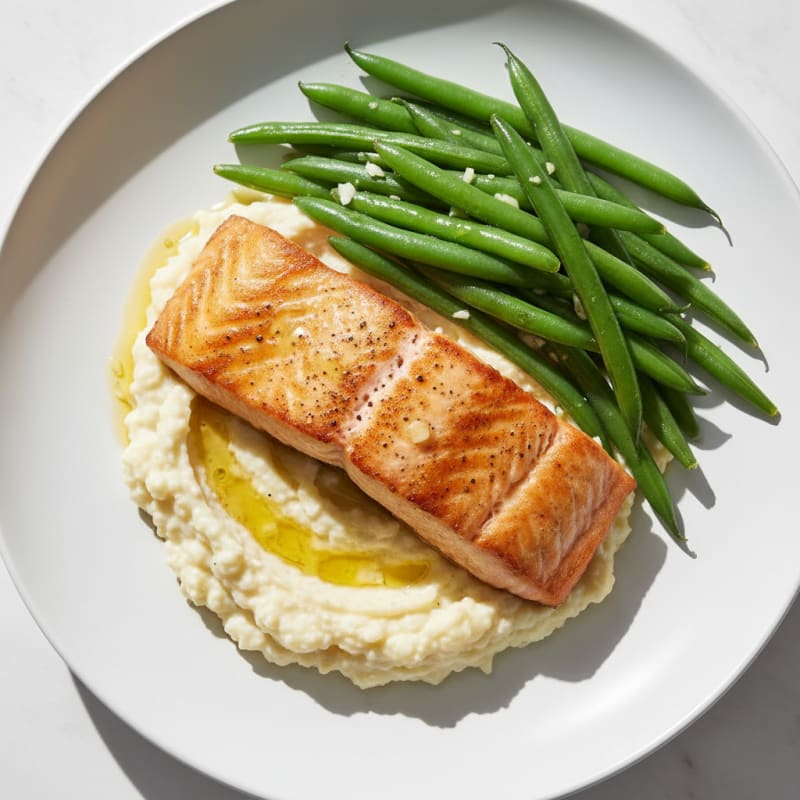 Seared Salmon with Steamed Green Beans and Garlic Cauliflower Mash