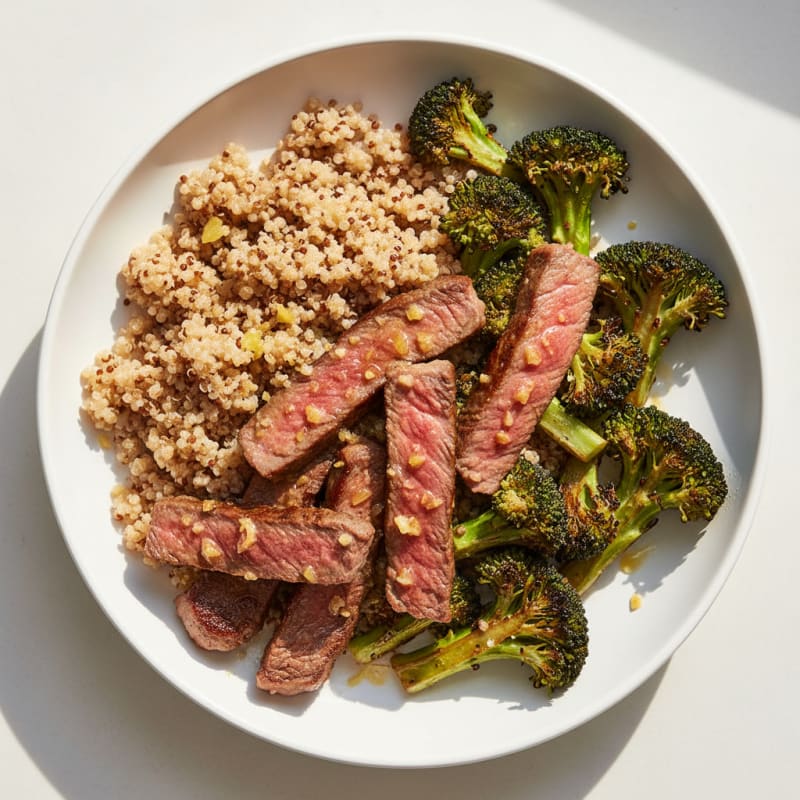 Seared Lean Beef Strips with Roasted Broccoli and Quinoa