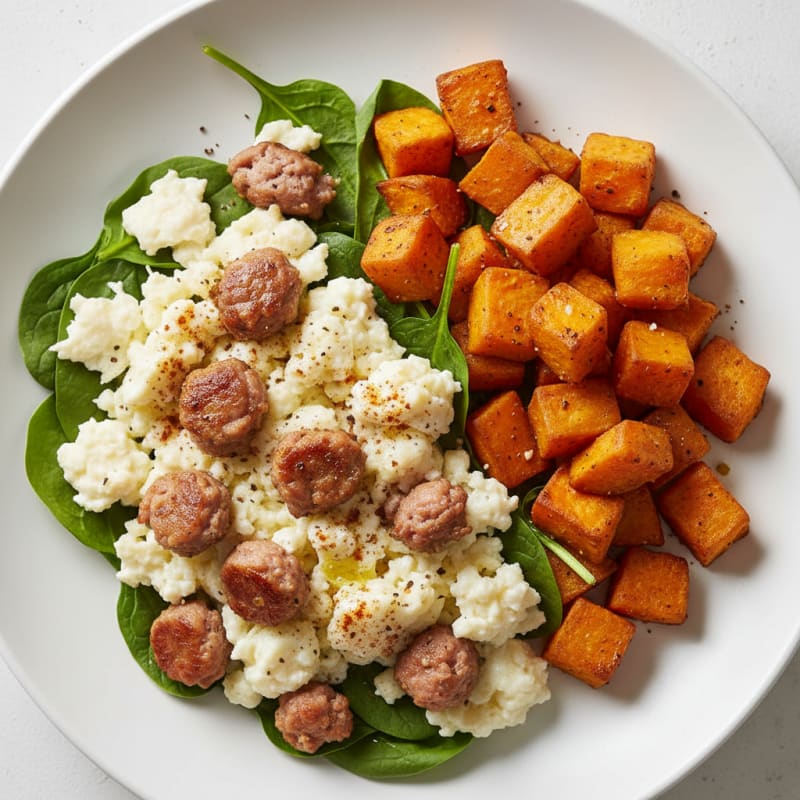 Egg White Scramble with Turkey Sausage and Roasted Sweet Potatoes