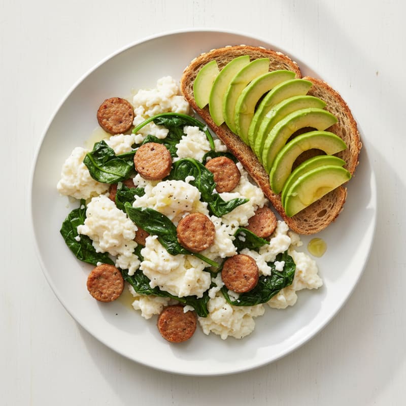 Egg White Scramble with Turkey Sausage and Sautéed Spinach