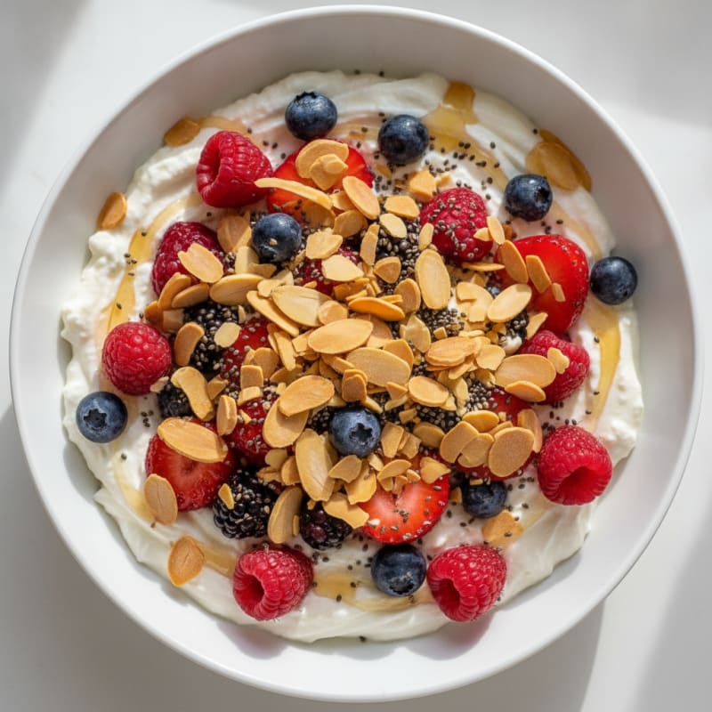 Greek Yogurt Protein Parfait with Mixed Berries and Almonds