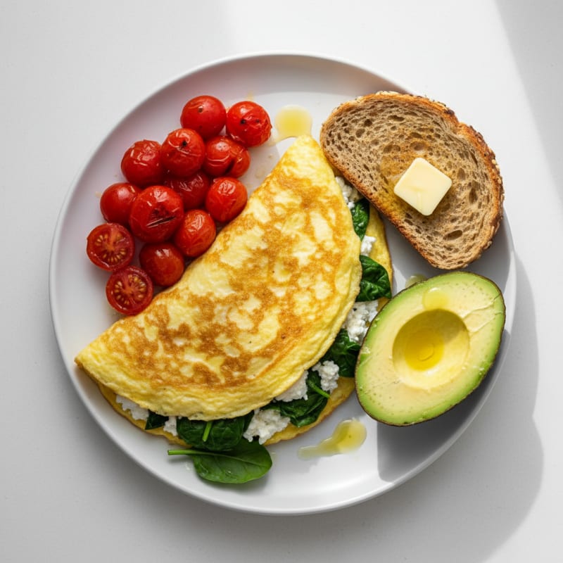 Egg White Spinach Omelette with Cottage Cheese and Cherry Tomatoes