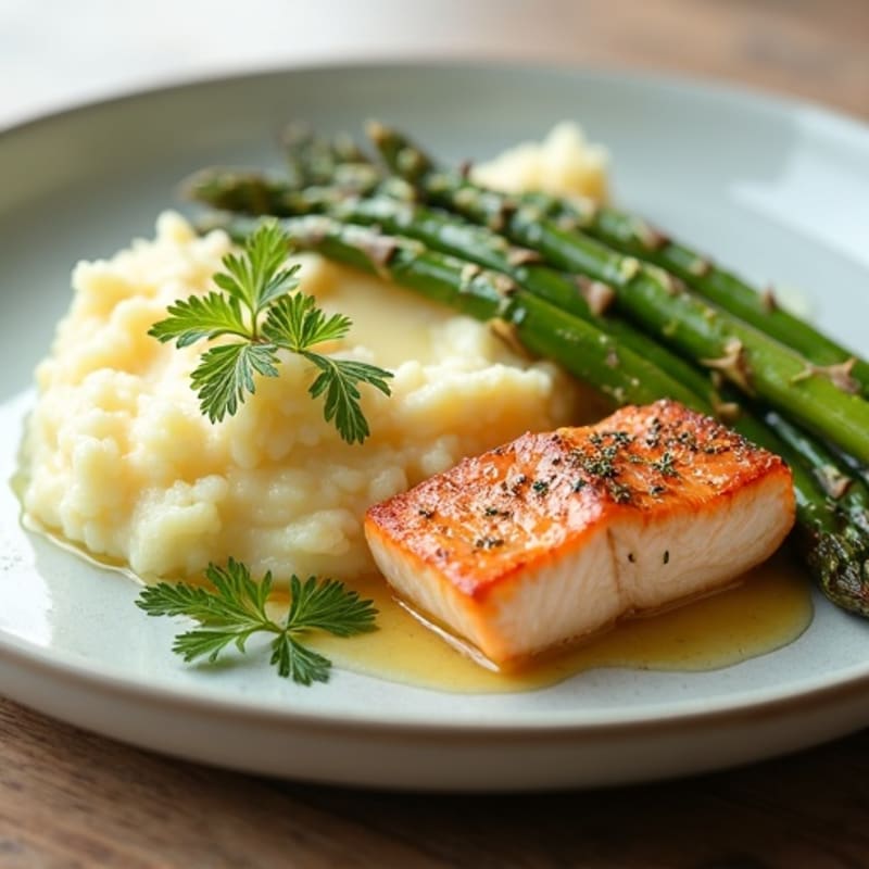 Pan-Seared Lemon Herb Salmon with Buttery Garlic Mashed Potatoes and Roasted Asparagus