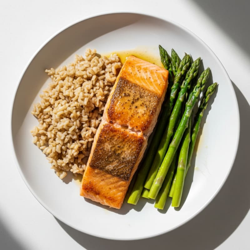 Seared Salmon with Steamed Asparagus and Brown Rice