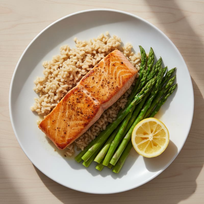 Seared Salmon Fillet with Steamed Asparagus and Brown Rice