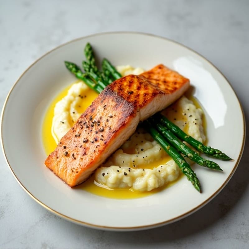 Seared Salmon with Steamed Asparagus and Cauliflower Mash
