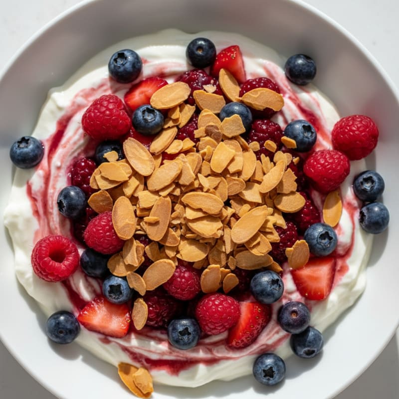 Greek Yogurt Protein Parfait with Mixed Berries and Almonds
