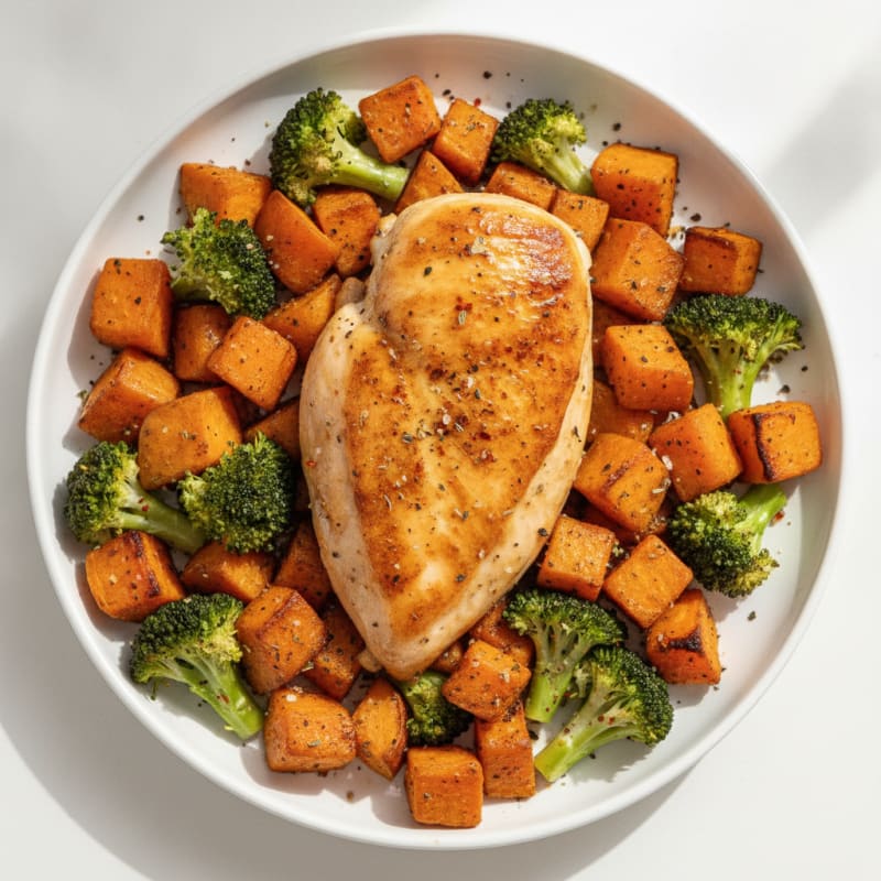 Roasted Chicken with Sweet Potatoes and Broccoli