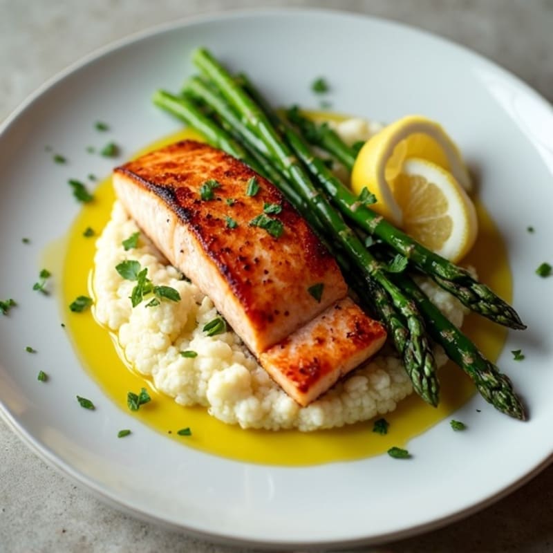 Seared Salmon with Steamed Asparagus and Cauliflower Mash