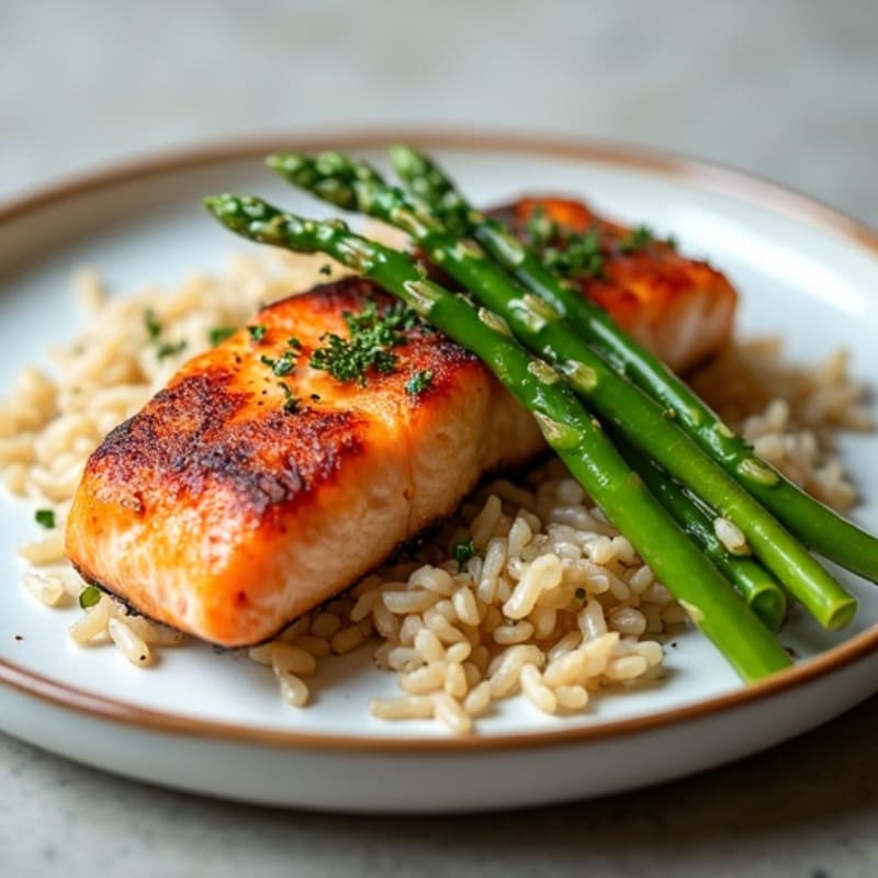 Seared Salmon Fillet with Steamed Asparagus and Wild Rice