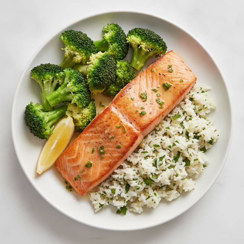 Seared Salmon with Herbed Rice and Steamed Broccoli