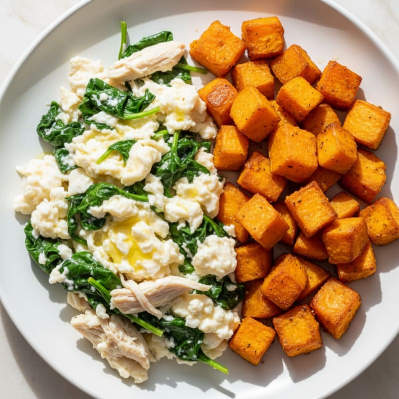 Egg White and Chicken Spinach Scramble with Roasted Sweet Potato