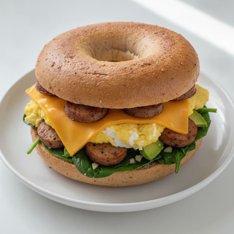 Egg and Chicken Sausage Bagel Sandwich with Sautéed Spinach