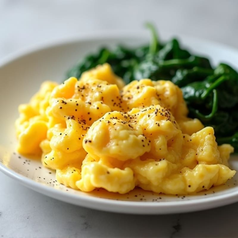 Scrambled Eggs with Cottage Cheese and Sautéed Spinach