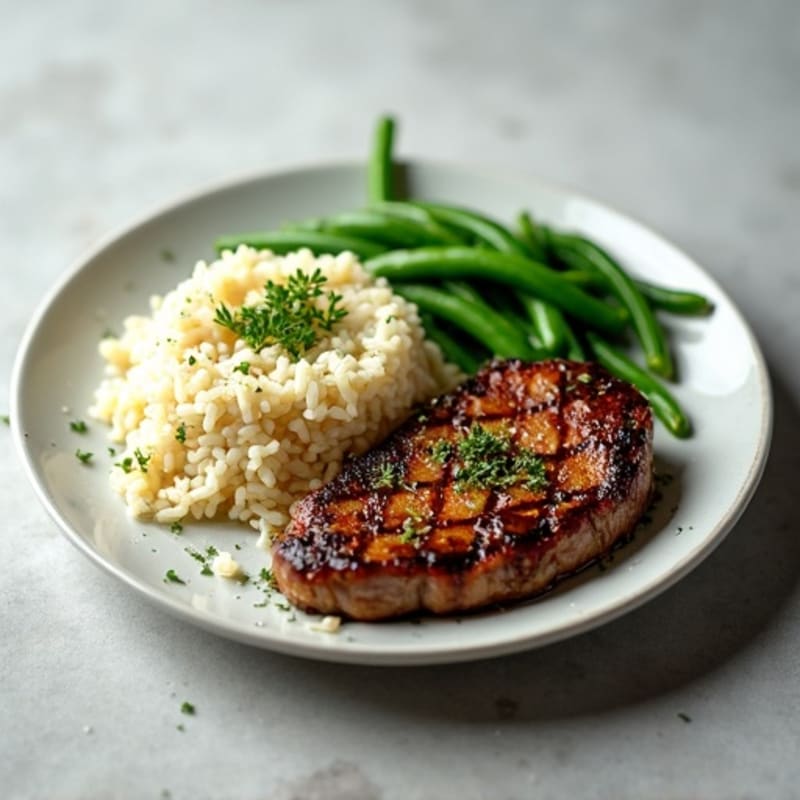 Seared Steak with Herb Rice and Steamed Green Beans