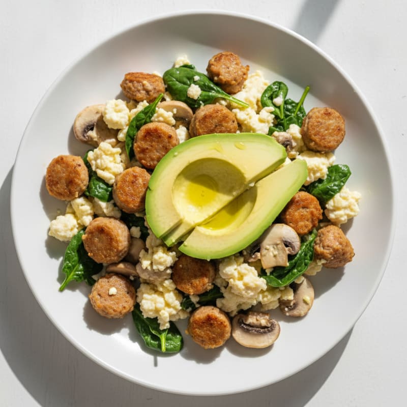 Egg White and Turkey Sausage Scramble with Spinach and Sautéed Mushrooms