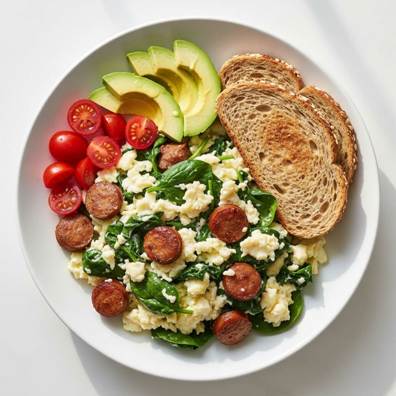 Egg White and Spinach Scramble with Turkey Sausage