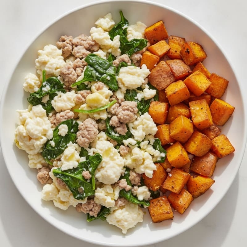 Egg White and Turkey Spinach Scramble with Roasted Sweet Potatoes