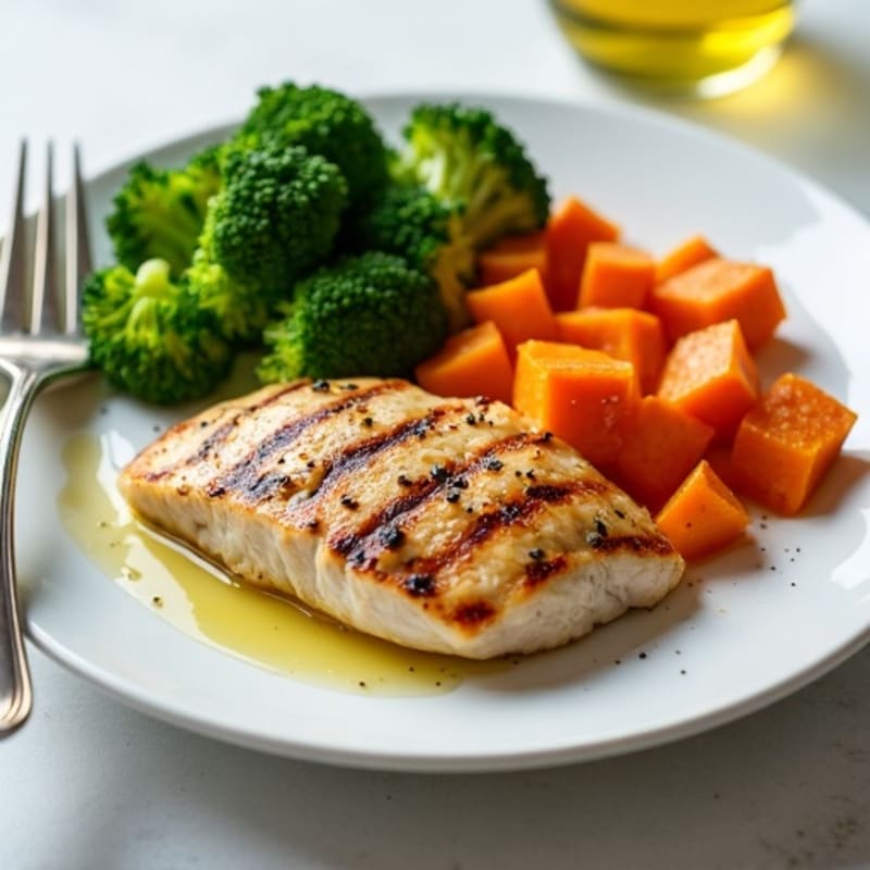 Grilled Chicken Breast with Roasted Sweet Potato and Steamed Broccoli