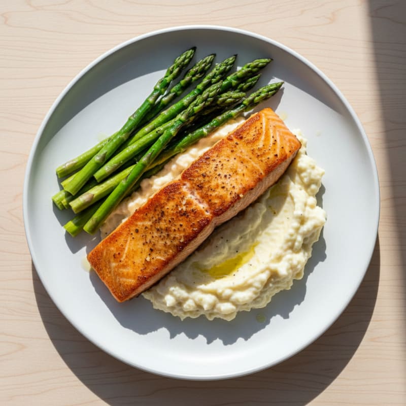 Seared Salmon Filet with Steamed Asparagus and Cauliflower Mash