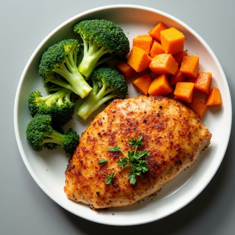 Crispy Pan-Seared Chicken Breast with Roasted Broccoli and Sweet Potato