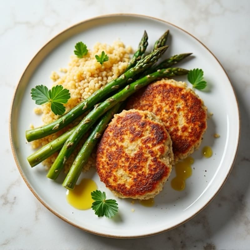 Seared Turkey Patties with Herb Quinoa and Roasted Asparagus