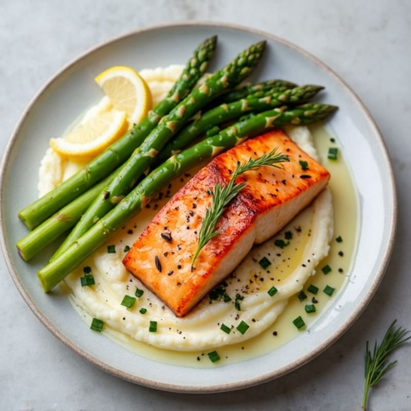 Seared Salmon with Steamed Asparagus and Cauliflower Mash