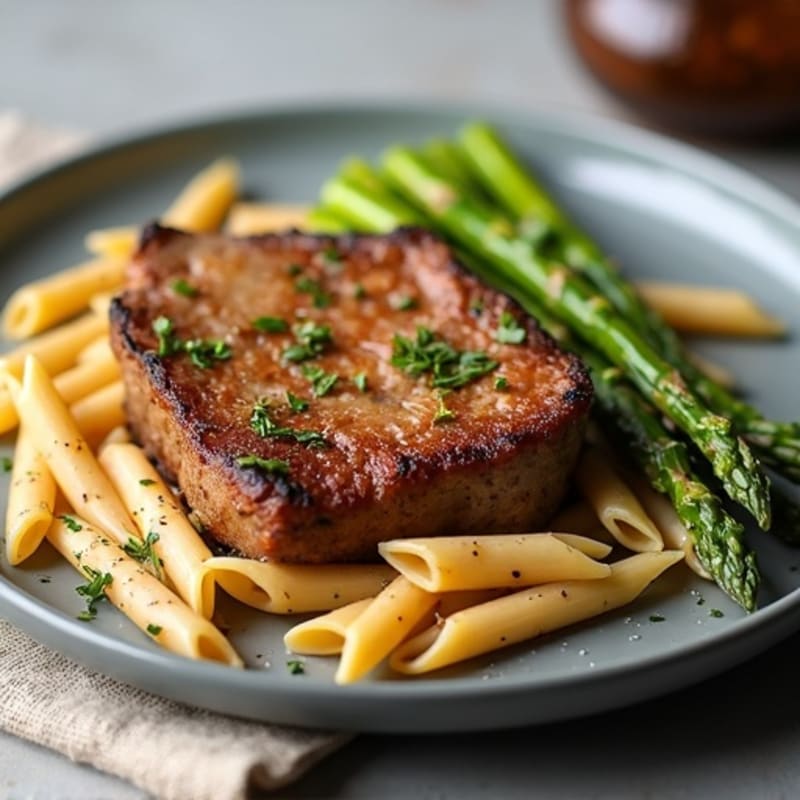 Pan-Seared Elk Back Strap with Garlicky Whole Wheat Penne and Crispy Asparagus