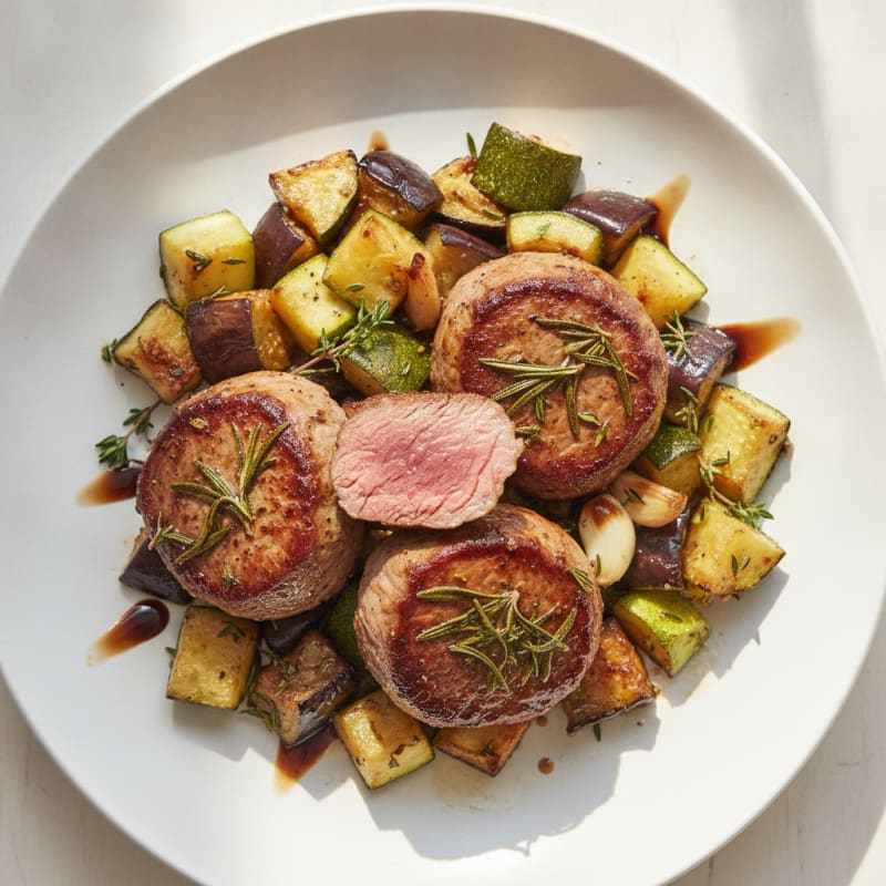 Herb-Seared Venison Medallions with Roasted Eggplant and Zucchini