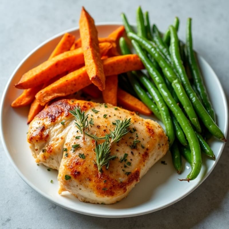 Herb-Roasted Chicken with Crispy Sweet Potato Fries and Fresh Green Beans