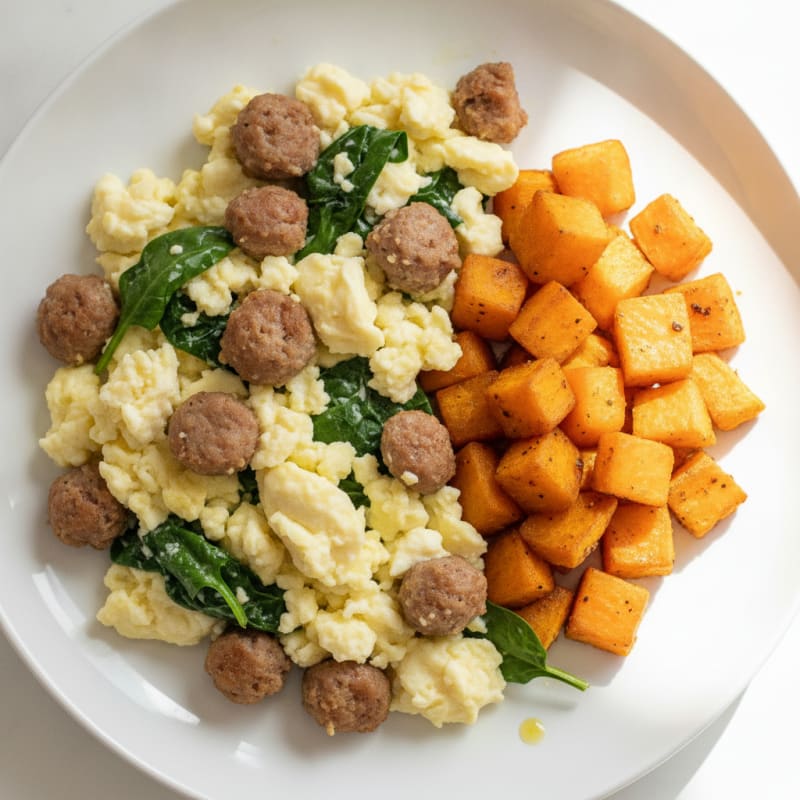 Egg White and Turkey Sausage Scramble with Spinach and Roasted Sweet Potato