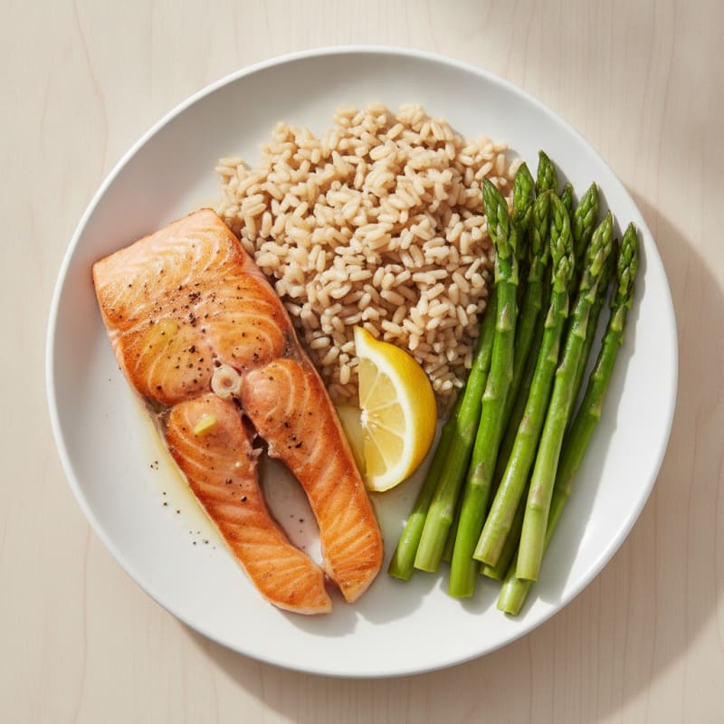 Seared Salmon with Steamed Asparagus and Brown Rice