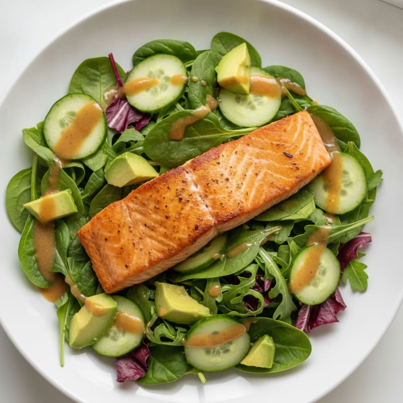 Seared Salmon Salad with Crunchy Cucumber and Mixed Greens