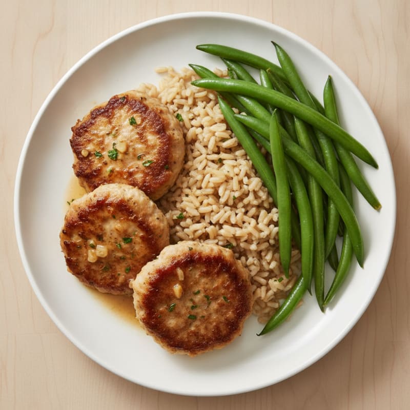 Seared Turkey Patties with Steamed Green Beans and Brown Rice