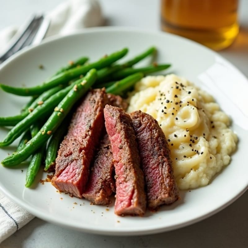 Seared Lean Beef Strips with Steamed Green Beans and Cauliflower Mash