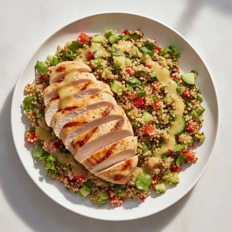 Grilled Chicken Breast with Crunchy Quinoa Salad and Lemon Vinaigrette