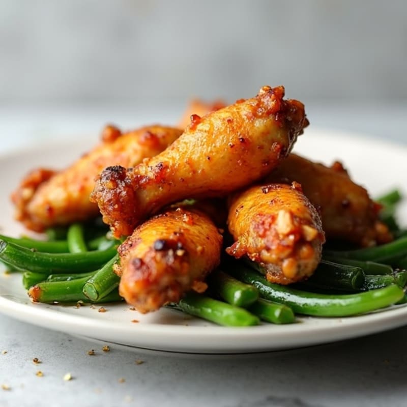 Crispy Baked Honey Garlic Chicken Wings with Roasted Green Beans