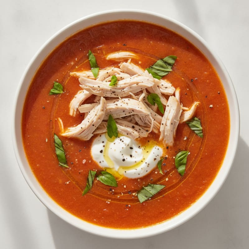Roasted Tomato Basil Soup with Shredded Chicken