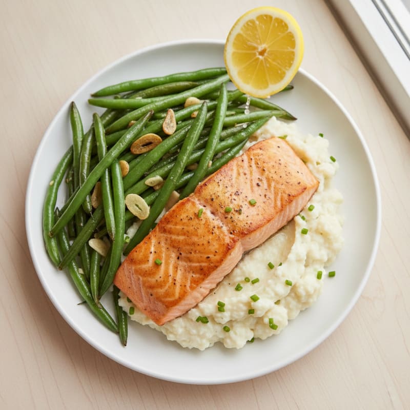 Seared Salmon with Garlic Green Beans and Cauliflower Mash