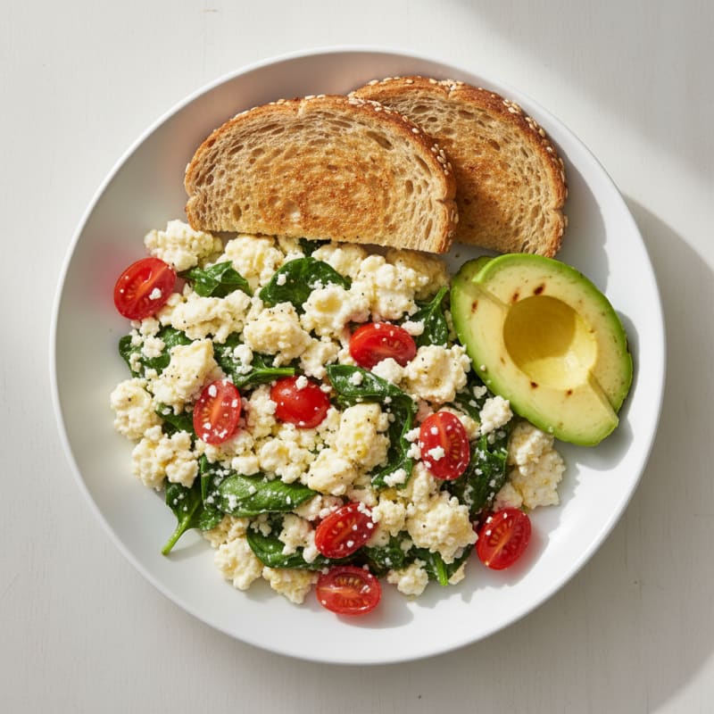 Egg White and Cottage Cheese Scramble with Spinach and Cherry Tomatoes