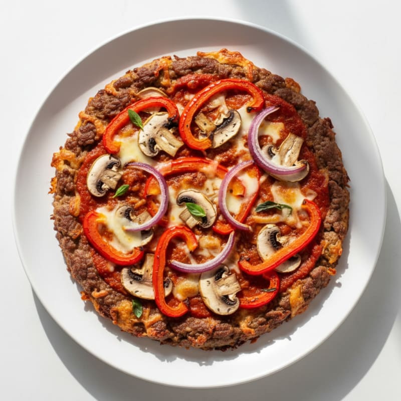 Lean Beef Crust Pizza with Tomato Sauce and Roasted Vegetables