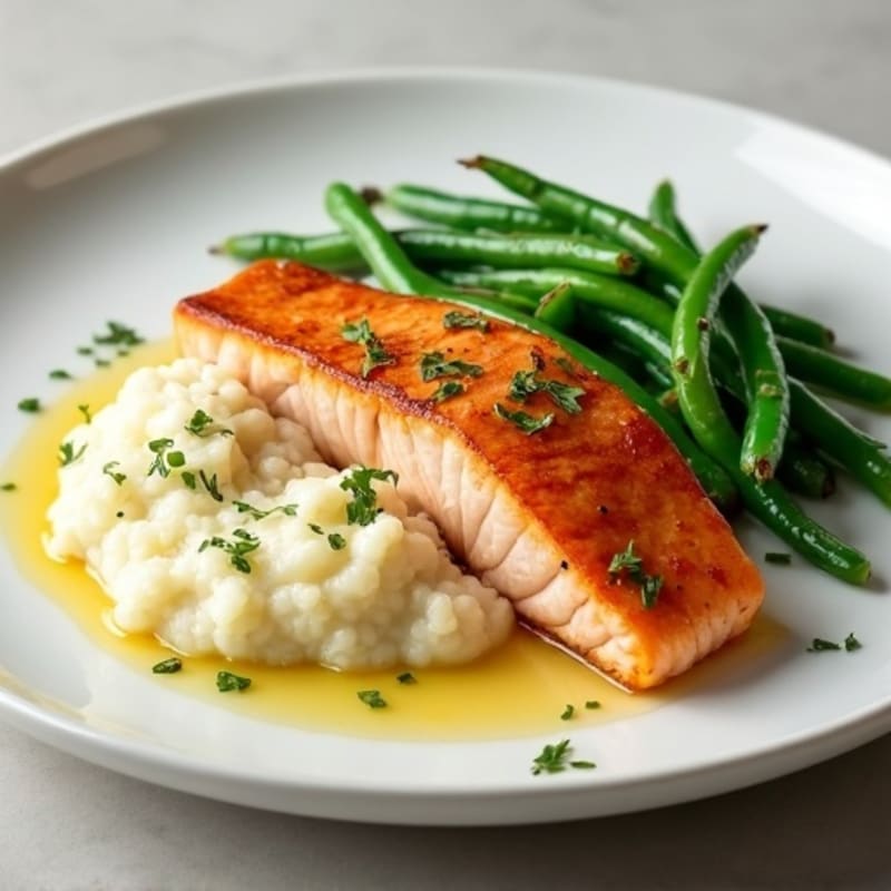 Seared Salmon with Steamed Green Beans and Garlic Cauliflower Mash