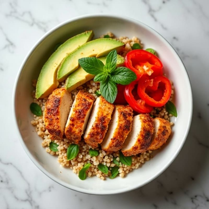 Crispy Chicken and Roasted Bell Pepper Bowl with Zesty Avocado