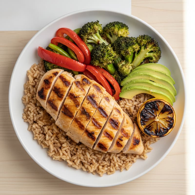 Grilled Chicken and Brown Rice Bowl with Roasted Vegetables