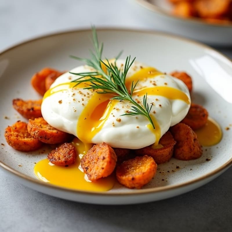 Poached Eggs with Crispy Sweet Potato Hash and Creamy Lemon-Herb Sauce