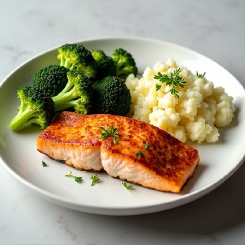 Seared Salmon Fillet with Roasted Broccoli and Garlic Mashed Cauliflower